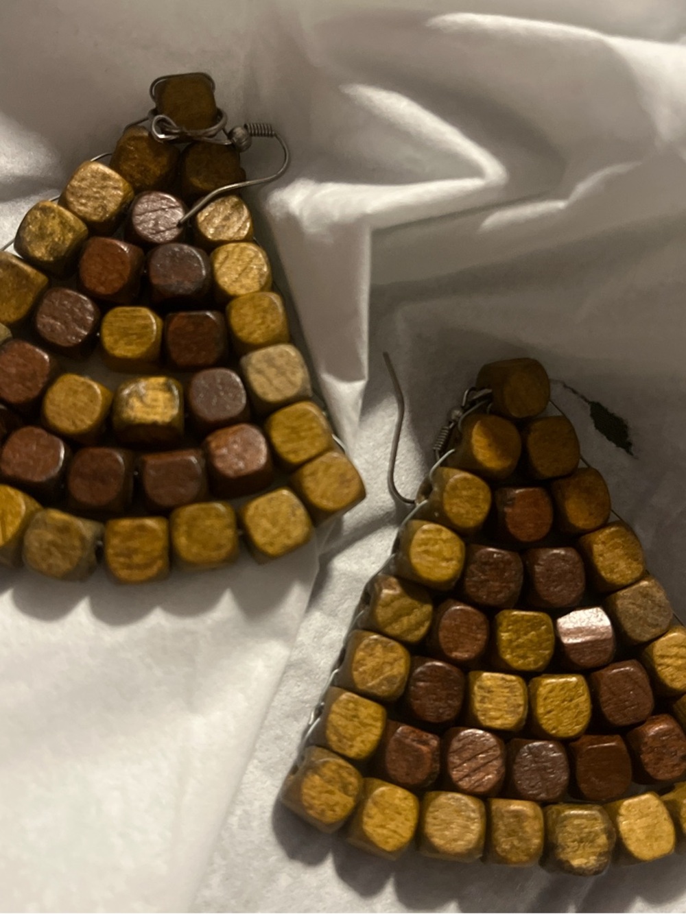 Handcrafted Wood Bead Triangle Drop Earrings - Yellow Brown